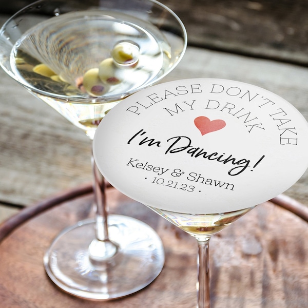 Personalized Drink Cover Wedding Coasters | Don't Take My Drink I'm Dancing | Elegant White Red Heart Design | Wedding Reception Favor