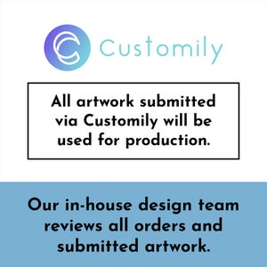 text that states that all artwork submitted via Customily will be used for production, and that the in-house design team reviews all orders and submitted artwork.