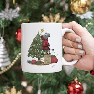 Christmas Mouse Decorating Tree Mug | 15oz Christmas Mug | Coffee Mug | Original Art | Vintage Christmas | Holiday Gift | Coffee Lover Gift