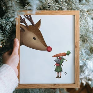 Christmas Elf Mouse and Reindeer Physical Print | Original Artwork | Retro Gallery Wall Art | Holiday Home Decor | Rudolf Christmas Print