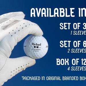 Image: Hand holding golf ball with Wedding Bowtie design

Text: Available in Set of 3 (1 Sleeve), Set of 6 (2 Sleeves), Box of 12 (4 Sleeves)
*Packaged in original branded box