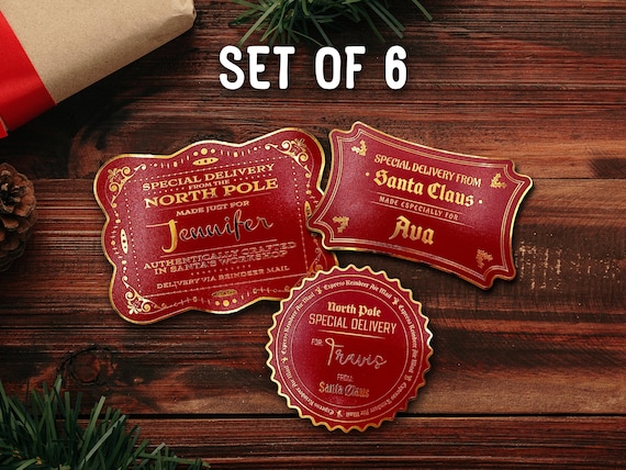 Gold Foil Santa Gift Tags | Set of 6 | Personalized Vintage Gift Tags | Kids Christmas Labels | Christmas Tag Decoration | Christmas Eve