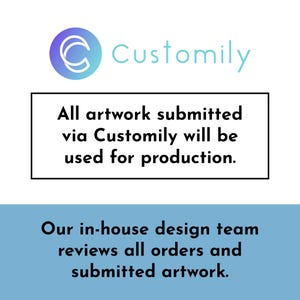 text that states "All artwork submitted via Customily will be used for production. Our in-house design team reviews all orders and submitted artwork."