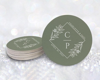 Custom Floral Diamond Monogram Wedding Coasters | 4" Round Paper