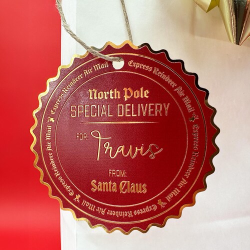 Gold Foil Santa Gift Tag | Personalized Reindeer Air Mail | Vintage Hanging Tag | Kids Christmas Label | Christmas Tag Decor | Christmas Eve