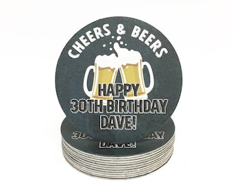 Heavyweight Personalized Cheers and Beers Paper Coasters - Anniversary or Birthday Party