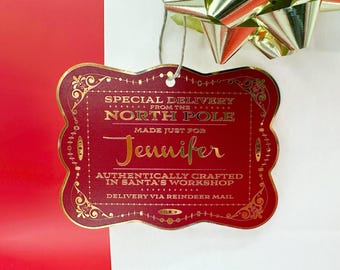 Gold Foil Santa Gift Tag | Personalized Santa's Workshop | Vintage Hanging Tag | Kids Christmas Label | Christmas Tag Decor | Christmas Eve