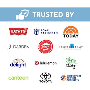 a collection of logos, each representing a different brand or organization. The logos are arranged in a grid format, with three rows and four columns. The logos include brands such as Levi's, Royal Caribbean, Today Show, Darden, Pizza Hut, La Roche-Posay, International Delight, Lululemon, Bug Bite Thing, Canteen, Toyota, Shreveport Airport Authority.