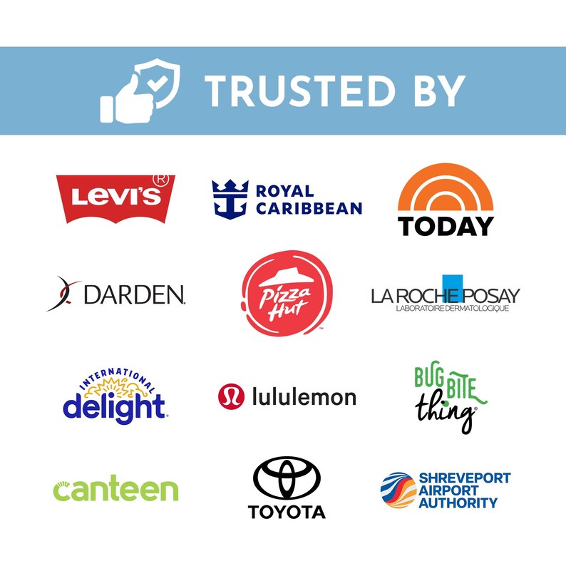 a collection of logos, each representing a different brand or organization. The logos are arranged in a grid format, with three rows and four columns. The logos include brands such as Levi's, Royal Caribbean, Today Show, Darden, Pizza Hut, La Roche-Posay, International Delight, Lululemon, Bug Bite Thing, Canteen, Toyota, Shreveport Airport Authority.