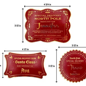 Gold foil cardstock Santa gift tags are shown on a white background. Tag A: 4 3/4 inches by 3 1/2 inches. Tag B: 4 1/2 inches by 2 3/4 inches.
Tag C: 3 1/2 inches by  3 1/2 inches.