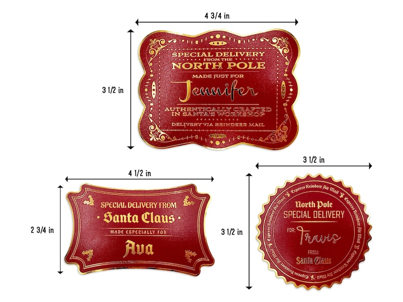 Gold foil cardstock Santa gift tags are shown on a white background. Tag A: 4 3/4 inches by 3 1/2 inches. Tag B: 4 1/2 inches by 2 3/4 inches.
Tag C: 3 1/2 inches by  3 1/2 inches.