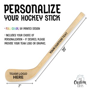 Product overview showing customizable hockey stick layout with logo placement on the blade and custom text along the handle, including size dimensions and design areas.