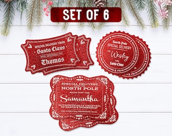 Red Glitter Santa Gift Tags | Set of 6 | Personalized Vintage Gift Tags | Kids Christmas Labels | Christmas Tag Decoration | Christmas Eve
