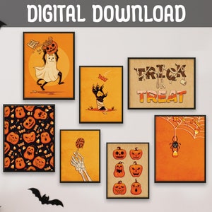 Paquete de descarga digital Throwback Halloween / Conjunto de 7 imprimibles de arte originales / Arte de pared ilustrativo navideño vintage / Decoración espeluznante del hogar