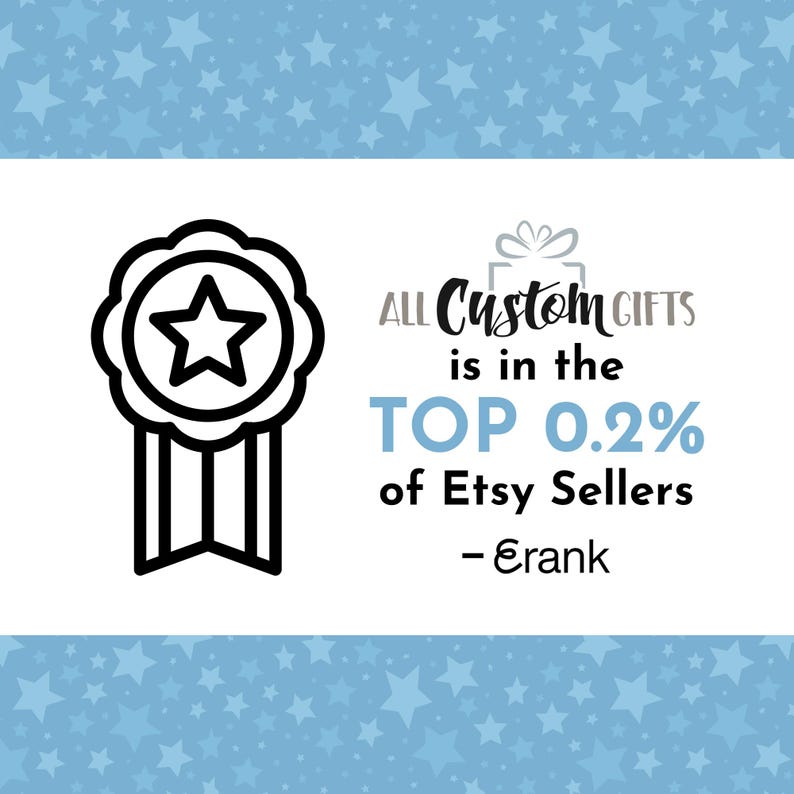 The image is a collage featuring a ribbon award and text that reads "All Custom Gifts is in the TOP 0.2% of Etsy Sellers - Erank".