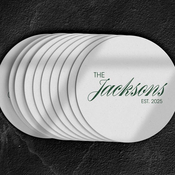 Custom Last Name and Established Year Coasters | Personalized Wedding Drink Toppers | Custom Wedding Decor | Wedding Favors in Bulk