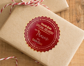 Gold Foil Santa Gift Tag | Personalized Reindeer Air Mail | Vintage Tag | Kids Christmas Label | Christmas Tag Decoration | Christmas Eve