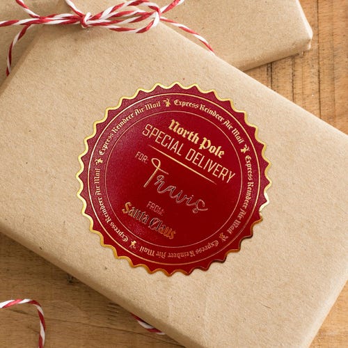 Gold Foil Santa Gift Tag | Personalized Reindeer Air Mail | Vintage Tag | Kids Christmas Label | Christmas Tag Decoration | Christmas Eve