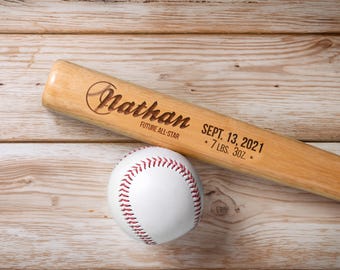 Customizable Baby Name & Info Mini Bat | Engraved Wooden Bat | Baby Gift | First Birthday | Nursery Decor | Birth Announcement | Sports Gift