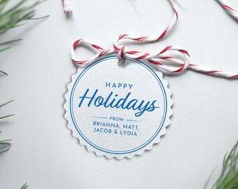Custom White Glitter Happy Holidays Gift Tag | Personalized Name Hang Tag | Holiday Gift Tag | Shimmering Christmas Gift Wrapping Tag