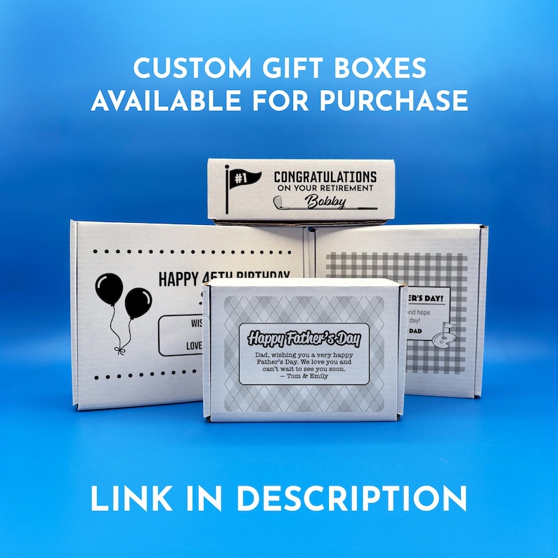 A collection of custom gift boxes for golf balls with various designs and messages, including a "Happy Father's Day" box, a "Happy 1st Father's Day" box, a "Congratulations on Your Retirement" box and a "Happy Birthday" gift box. These boxes are available for purchase and there is a link provided in the description.