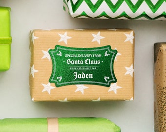 Green Glitter Santa Gift Tag | Personalized Special Delivery | Vintage Tag | Kids Christmas Label | Christmas Tag Decoration | Christmas Eve