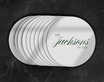 Personalized Last Name Coasters with Established Year, 4" Round Pulpboard | 4" Round Paper