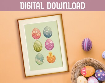 Eggs and Chick Digital Print | Spring Decor | Gallery Wall Art | Digital Download Prints | Easter Print | Easter Decor | Original Artwork