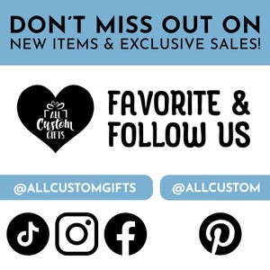 a promotional message for a business called "All Custom Gifts", which offers new items and exclusive sales. It includes a heart symbol, social media icons for Instagram, Facebook, and Pinterest, and a call to action to follow the business. The image is a collage of various elements, and the text should be described without redundancy or vague wording.
