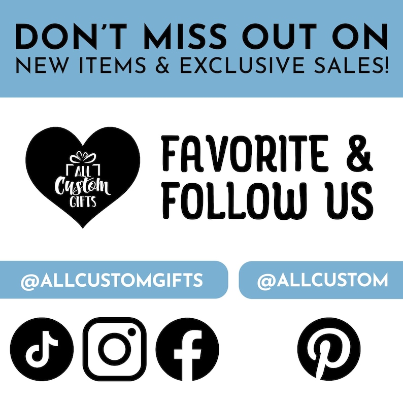 a promotional message for a business called "All Custom Gifts", which offers new items and exclusive sales. It includes a heart symbol, social media icons for Instagram, Facebook, and Pinterest, and a call to action to follow the business. The image is a collage of various elements, and the text should be described without redundancy or vague wording.