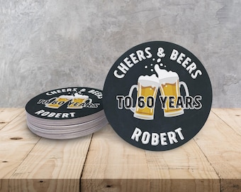 Personalized Birthday Or Anniversary Drink Coasters | Cheers And Beers To Years | 4" Round Paper