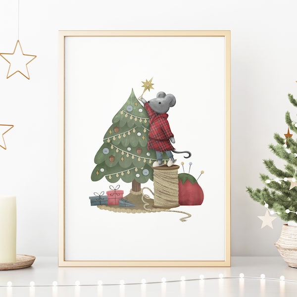 Christmas Mouse Decorating Tree Physical Print | Original Artwork | Classic Holiday Home Decor | Gallery Wall Art | Vintage Christmas