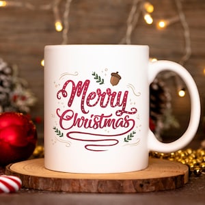 Merry Christmas Typography Mug | 15oz Christmas Mug | Coffee & Tea Mug | Original Art | Vintage Christmas | Holiday Gift | Coffee Lover Gift