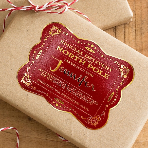 Gold Foil Santa Gift Tag | Personalized Santa's Workshop | Vintage Tag | Kids Christmas Label | Christmas Tag Decoration | Christmas Eve