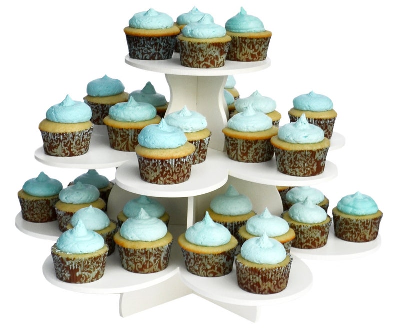 The Smart Baker 3 Tier Flower Cupcake Tower shown full with cupcakes on a white background.