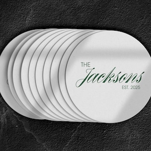 Custom Last Name and Established Year Coasters | Personalized Wedding Drink Toppers | Custom Wedding Decor | Wedding Favors in Bulk