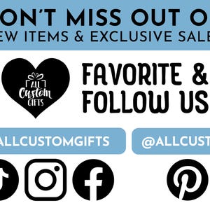 Don’t miss out on new items and exclusive sales! Favorite and follow us @allcustomgifts on TikTok, Instagram, and Facebook and @allcustom on Pinterest.