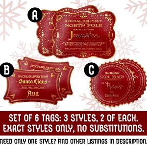Gift tags are shown on a white background with red snowflakes. Text: Set of 6 tags: 3 styles, 2 of each. Exact styles only, no substitutions. Need only one style? Find other listings in description.