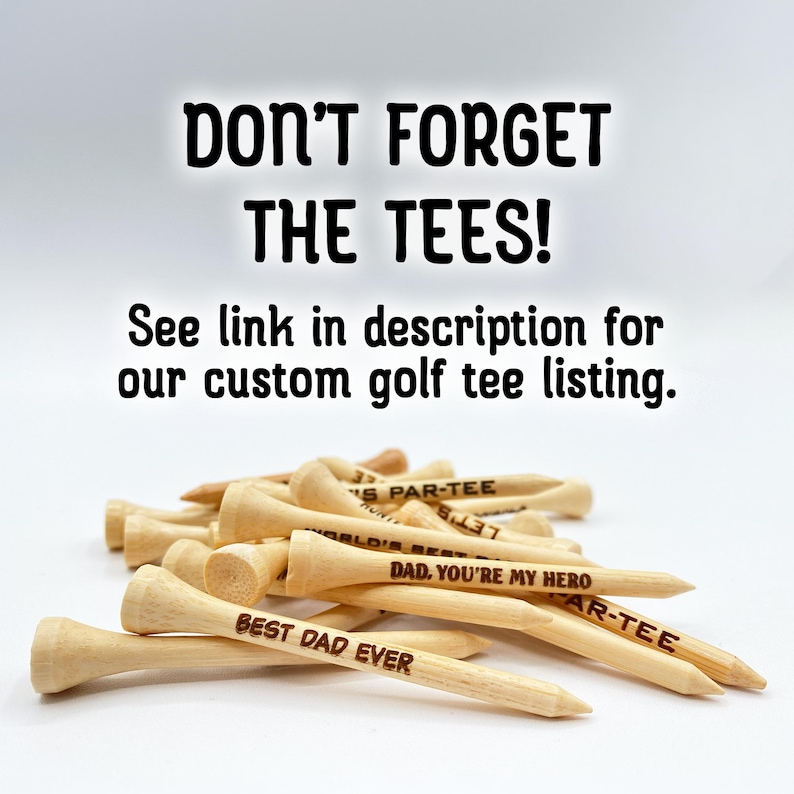 Don’t forget the tees! See link in description for our custom golf tee listing. A pile of golf tees are shown customized with different fonts and text.