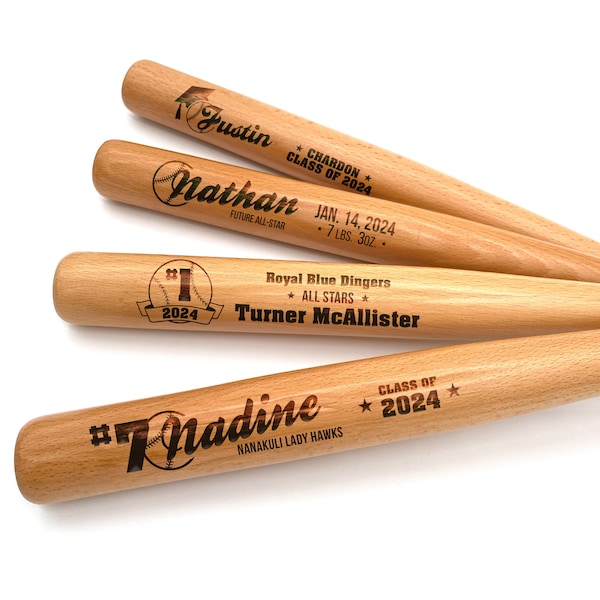 Personalized Mini 18" Wood Baseball Bats with Laser Etched Design | Perfect for Player Awards, Coaches, Sponsors,  Photo Prop or Graduation