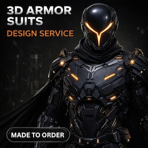 Puede incluir: Una armadura 3D negra con detalles en naranja brillante y un casco con visera en forma de V. El texto 3D ARMOR SUITS DESIGN SERVICE y MADE TO ORDER es visible. La armadura tiene una capa oscura y detalles de placas mecánicas intrincadas.