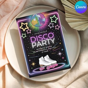 Retro Neon Disco Party Invitation | Editable Disco Party Birthday Invitation | Glow Disco Party Invite | Canva Editable | Instant Download