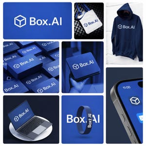 May include: A collage of products featuring the "Box.Al" logo. Items include a blue background with the logo, a tote bag, a navy blue hoodie, business cards, a mousepad, a laptop, a wristband, and a smartphone.