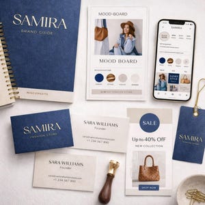 May include: A flat lay featuring branding materials for "SAMIRA FASHION STORE." Includes a brand guide, mood board, business cards, a phone displaying the brand's app, a sale advertisement, and a price tag. The color scheme is navy blue and beige.