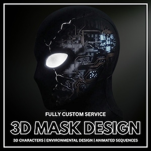 Puede incluir: Una máscara negra con una lente ocular blanca brillante y patrones de circuitos complejos en el lateral. El texto dice: FULLY CUSTOM SERVICE, 3D MASK DESIGN, 3D CHARACTERS | ENVIRONMENTAL DESIGN | ANIMATED SEQUENCES.