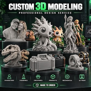 May include: A collection of 3D printed figurines and models including a gray bust of a couple, a fantasy creature, a female warrior, a dinosaur head, a mechanical case, and technical components. Text reads CUSTOM 3D MODELING PROFESSIONAL DESIGN SERVICE.