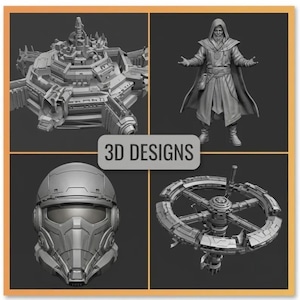 Op de afbeelding: Een raster van vier panelen met grijze 3D-ontwerpen, waaronder een sci-fi basis, een figuur met een kap, een futuristische helm en een cirkelvormig ruimtestation. De centrale tekst luidt 3D DESIGNS. Elk model is in een grijze tint weergegeven.