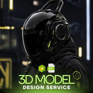 May include: A black futuristic helmet with glossy finish and neon green accents, featuring a dark visor and a top handle. The image includes a green cube icon, an STL file icon, and the text 3D MODEL DESIGN SERVICE in bold white letters.