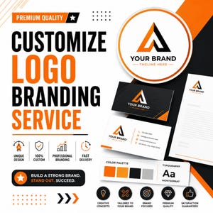 Könnte beinhalten: Werbung für einen Logo-Branding-Service. Das Design zeigt die Worte "Logo Branding Service anpassen" in Schwarz und Orange. Das Bild enthält ein Logo, Visitenkarten und Briefpapier sowie Symbole und eine Farbpalette.