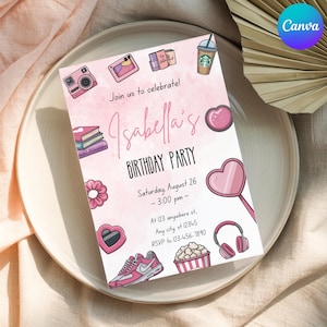 Editable Pink Girl Birthday Invitation | Cute Printable Canva Template for Girls Birthday | Aesthetic Tween Party Invite | Digital Download